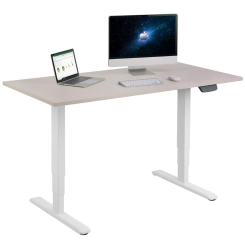 electric desk with monitor, laptop and office equipment on